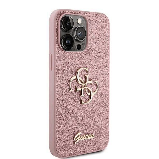 SILIKONSKI OVITEK ZA IPHONE 15 PRO MAX - GUESS ROZA Z BLEŠČICAMI IN ZLATIM LOGOM