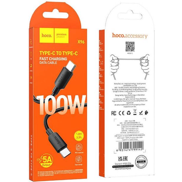 HOCO PODATKOVNI POLNILNI KABEL X96 TYPE C NA TYPE C 1,M 100W 5A - ČRN