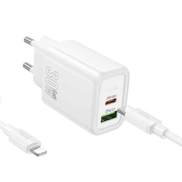 HOCO POLNILEC N63 GAN PD 30W USB-A, TYPE C S KABLOM TYPE C NA LIGHTNING ZA IPHONE - BEL