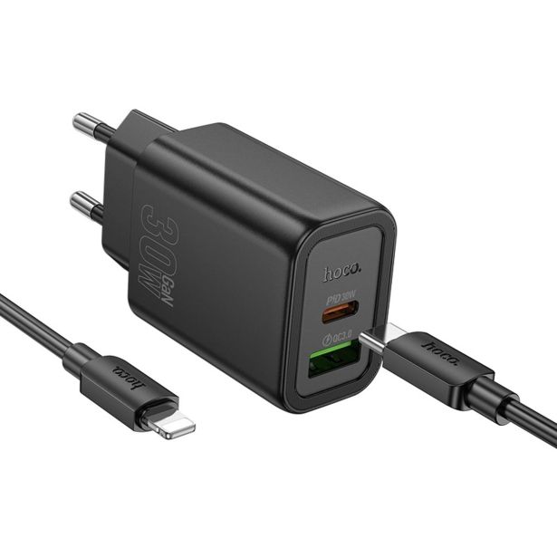 HOCO POLNILEC N63 GAN PD 30W USB-A, TYPE C S KABLOM TYPE C NA LIGHTNING ZA IPHONE - ČRN