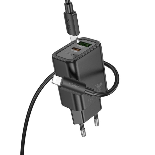 HOCO POLNILEC N63 GAN PD 30W USB-A, TYPE C S KABLOM TYPE C NA LIGHTNING ZA IPHONE - ČRN
