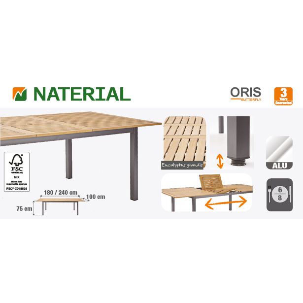 KOVINSKA MIZA NATERIAL ORIS 180/240 ALU + EVKALIPTUS