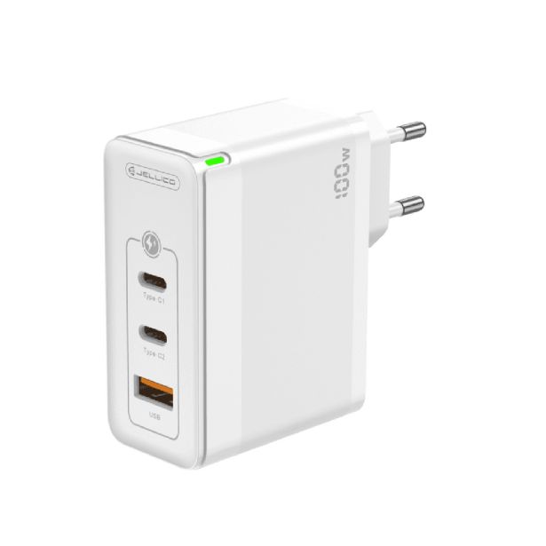JELLICO ADAPTER HIŠNI POLNILEC 220V GUN QC 100W VHOD 1X USB A (22,5W) IN 2X TYPE C (1X 65W + 1X 35W)