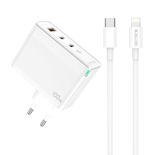 JELLICO ADAPTER HIŠNI POLNILEC 220V GUN QC 100W VHOD 1X USB A (22,5W) IN 2X TYPE C (1X 65W + 1X 35W)