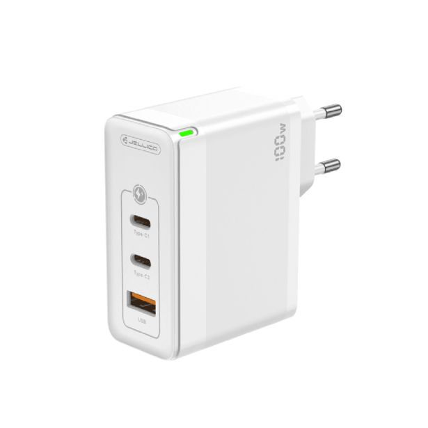 JELLICO ADAPTER HIŠNI POLNILEC 220V GUN QC 100W VHOD 1X USB A (22,5W) IN 2X TYPE C (1X 65W + 1X 35W)