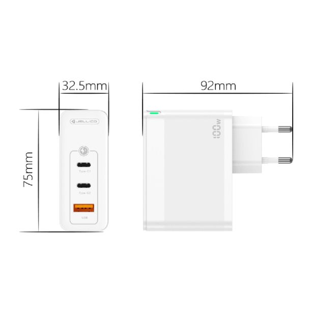 JELLICO ADAPTER HIŠNI POLNILEC 220V GUN QC 100W VHOD 1X USB A (22,5W) IN 2X TYPE C (1X 65W + 1X 35W)
