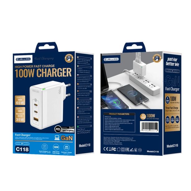 JELLICO ADAPTER HIŠNI POLNILEC 220V GUN QC 100W VHOD 1X USB A (22,5W) IN 2X TYPE C (1X 65W + 1X 35W)
