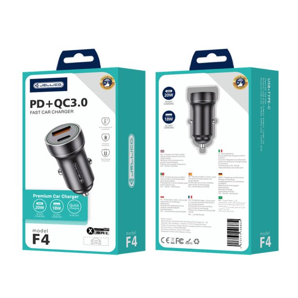JELLICO AVTOPOLNILEC F4 3.0A 20W TYPE C  / USB A S KABLOM 1M LIGHTNING - ČRN