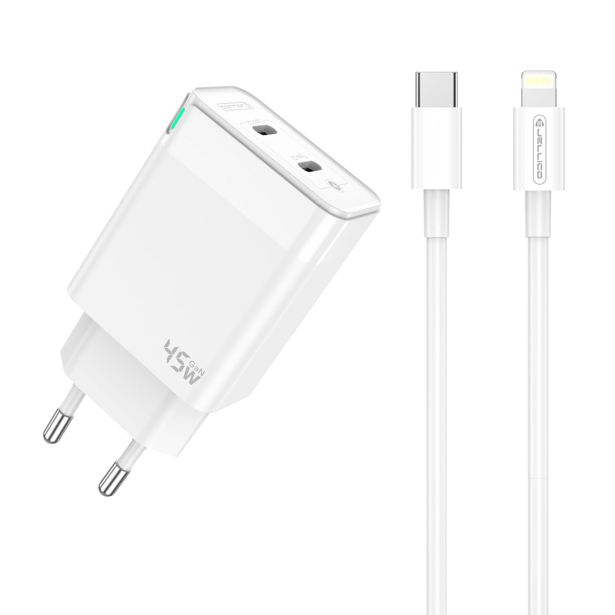 JELLICO C106 HIŠNI POLNILEC GAN QC / PD 45W VHOD 2X TYPE C S KABLOM LIGHTNING - ORIGINAL (EU BLISTER) - BEL