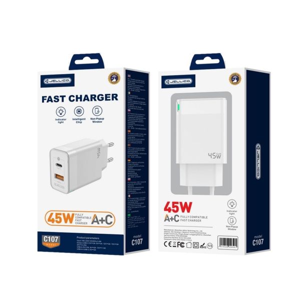 JELLICO C107 HIŠNI POLNILEC GAN QC / PD 45W VHOD USB A IN TYPE C - ORIGINAL (EU BLISTER) - BEL