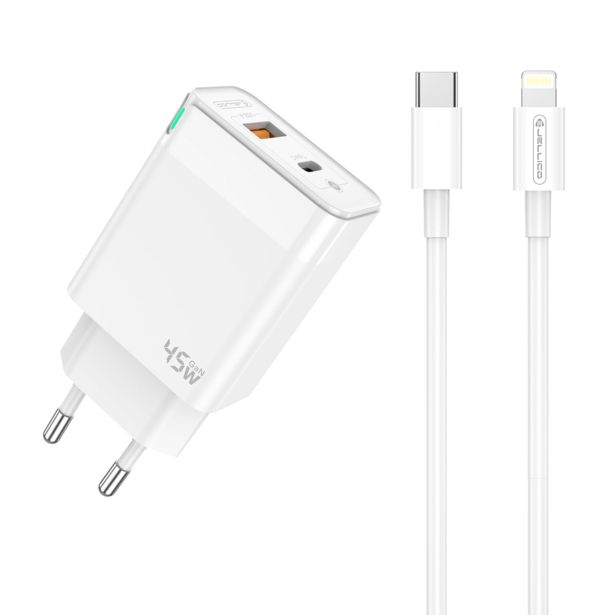 JELLICO C107 HIŠNI POLNILEC GAN QC / PD 45W VHOD USB A IN TYPE C S KABLOM LIGHTNING - ORIGINAL (EU BLISTER) - BEL
