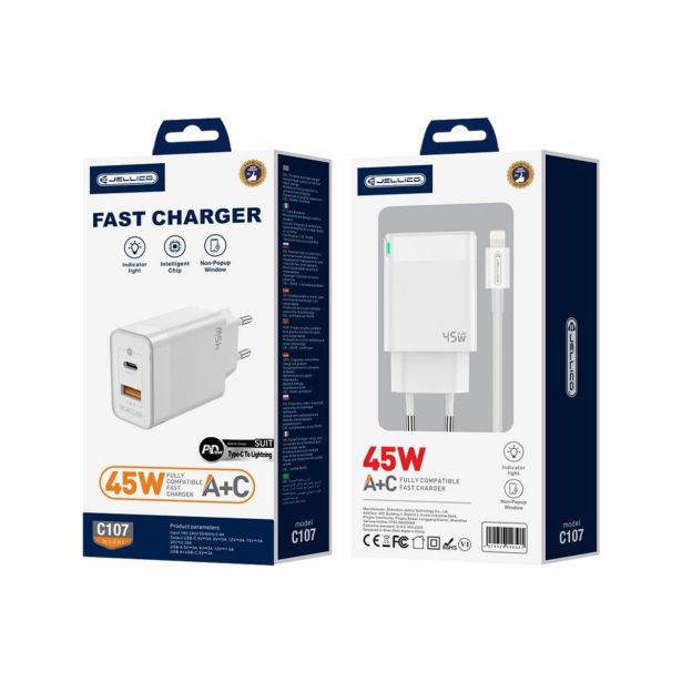 JELLICO C107 HIŠNI POLNILEC GAN QC / PD 45W VHOD USB A IN TYPE C S KABLOM LIGHTNING - ORIGINAL (EU BLISTER) - BEL