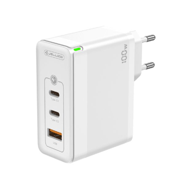JELLICO HIŠNI ADAPTER C118 220V GUN QC 100W VHOD 1X USB A (22,5W) IN 2X TYPE C (1X 65W + 1X 35W) - BEL