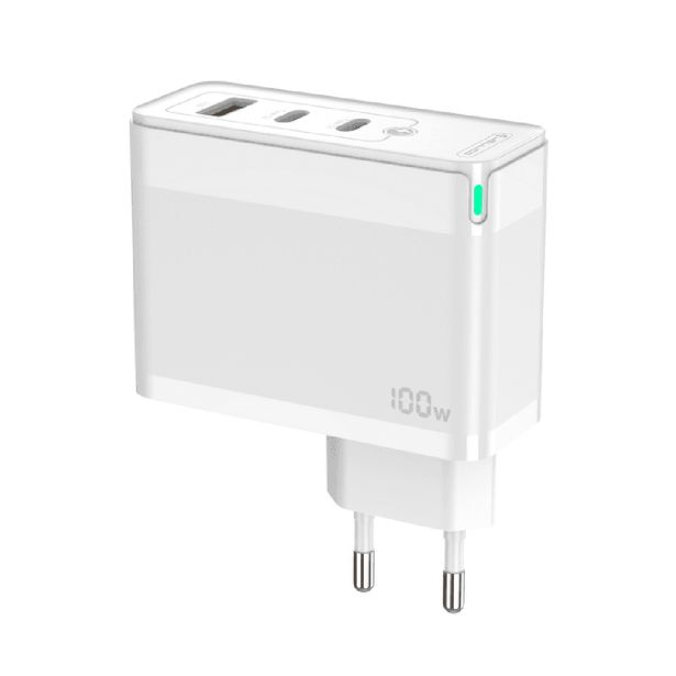 JELLICO HIŠNI ADAPTER C118 220V GUN QC 100W VHOD 1X USB A (22,5W) IN 2X TYPE C (1X 65W + 1X 35W) - BEL