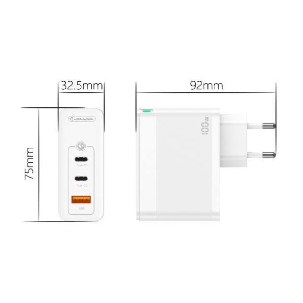 JELLICO HIŠNI ADAPTER C118 220V GUN QC 100W VHOD 1X USB A (22,5W) IN 2X TYPE C (1X 65W + 1X 35W) - BEL