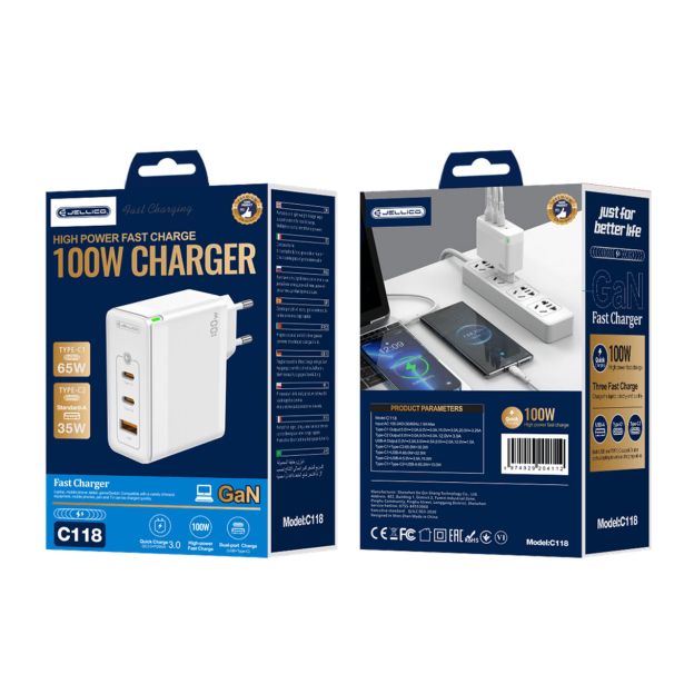 JELLICO HIŠNI ADAPTER C118 220V GUN QC 100W VHOD 1X USB A (22,5W) IN 2X TYPE C (1X 65W + 1X 35W) - BEL