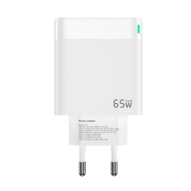 JELLICO HIŠNI ADAPTER C79 220V GUN QUICK CHARGE PD 65W VHOD 1X USB A IN 2X TYPE C - BEL