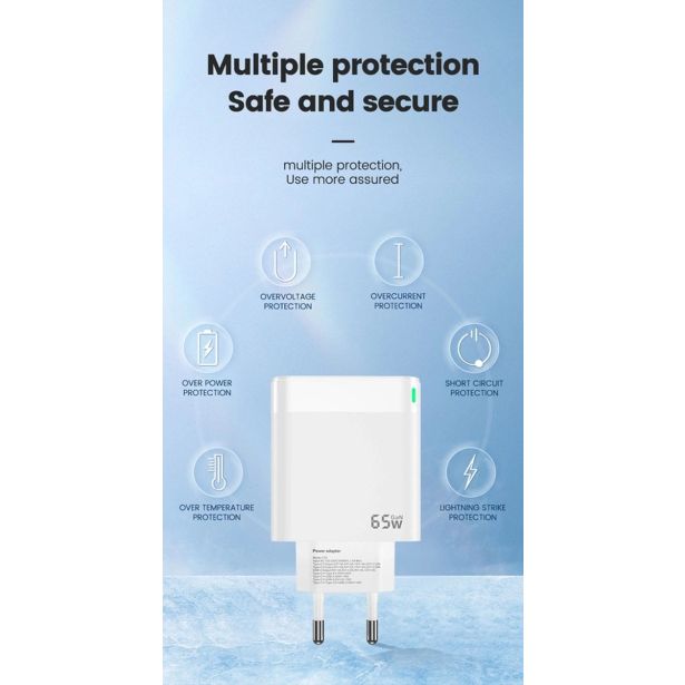 JELLICO HIŠNI ADAPTER C79 220V GUN QUICK CHARGE PD 65W VHOD 1X USB A IN 2X TYPE C - BEL
