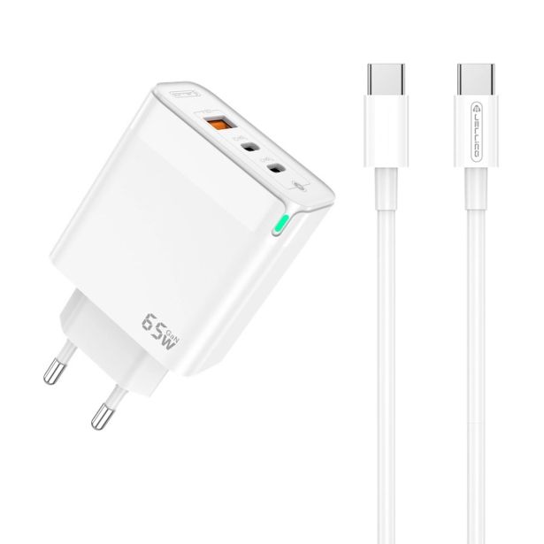 JELLICO HIŠNI POLNILEC ADAPTER C79 220V GUN QUICK CHARGE PD 65W VHOD 1X USB A IN 2X TYPE C - S KABLOM TYPE C NA TYPE C BEL