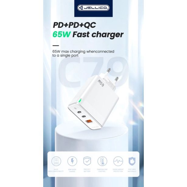 JELLICO HIŠNI POLNILEC ADAPTER C79 220V GUN QUICK CHARGE PD 65W VHOD 1X USB A IN 2X TYPE C - S KABLOM TYPE C NA TYPE C BEL