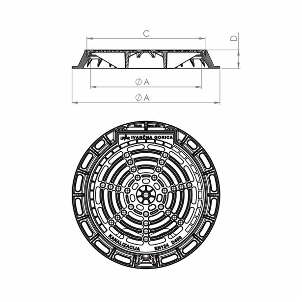 KANALSKA REŠETKA LIVAR Z OKVIRJEM FI 600 400 KN, ZAKLEP, P.VLOŽEK