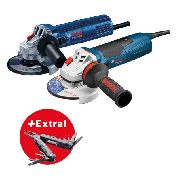 KOTNI BRUSILNIK BOSCH GWS 17-125 CI + KOTNI BRUSILNIK GWS 9-125 + VEČNAMENSKO ORODJE 'SWISS PEAK' + DODATNI ROČAJ