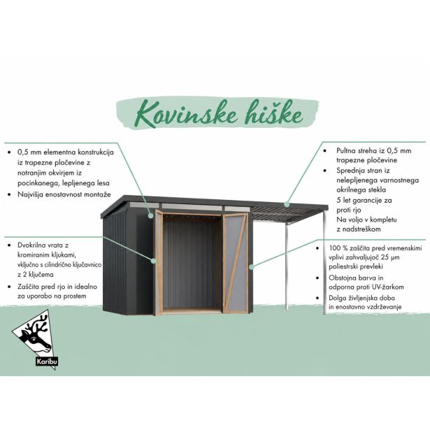 KOVINSKA VRTNA HIŠKA KARIBU AURUM 2.5 ANTRACIT Z 2 M PODALJŠKOM STREHE