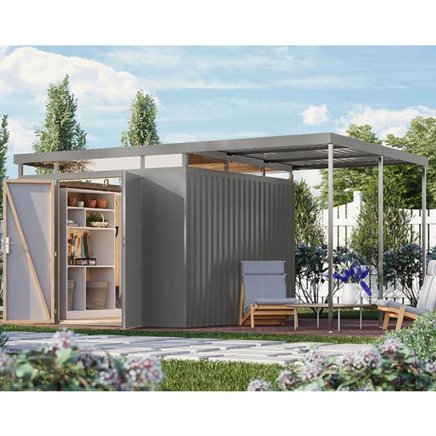 KOVINSKA VRTNA HIŠKA KARIBU AURUM 3.5 SIVI ALUMINIJ Z 2 M PODALJŠKOM STREHE