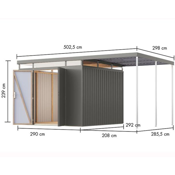 KOVINSKA VRTNA HIŠKA KARIBU AURUM 3.5 SIVI ALUMINIJ Z 2 M PODALJŠKOM STREHE