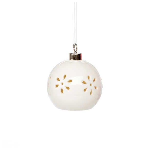 OKRASEK ZA JELKO GLOSSTYLE KROGLA BELA FI 7 CM Z LED LUČKO IZ PORCELANA