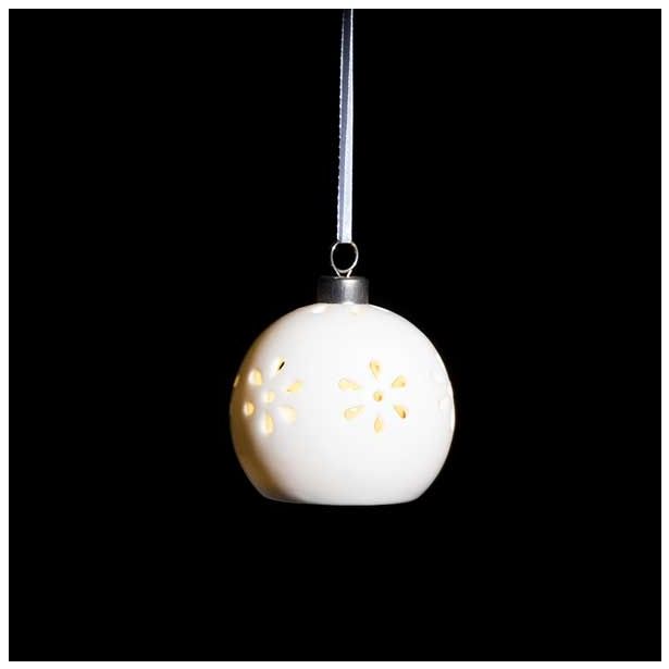 OKRASEK ZA JELKO GLOSSTYLE KROGLA BELA FI 7 CM Z LED LUČKO IZ PORCELANA