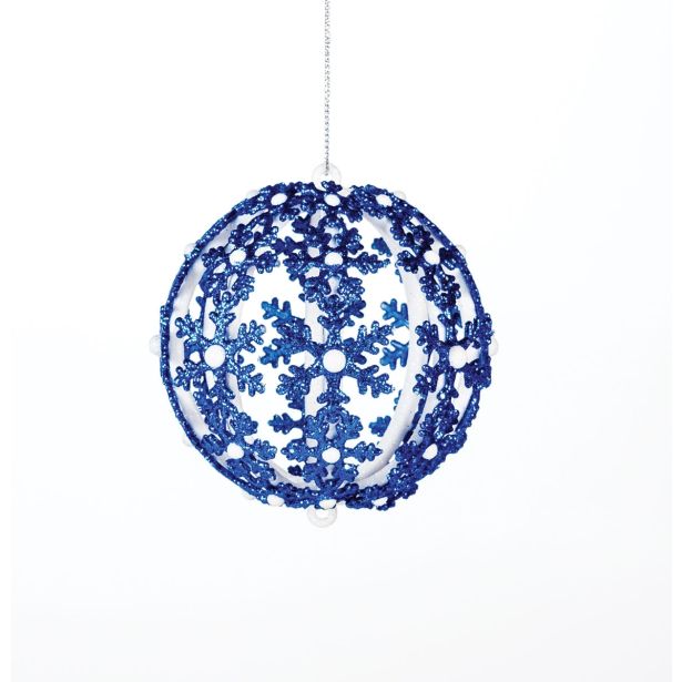 OKRASEK ZA JELKO GLOSSTYLE KROGLA S SNEŽIKAMI MODRA BELA FI 8 CM