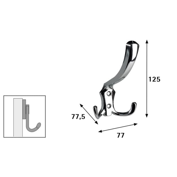 KOVINSKI OBEŠALNIK 2 KLJUKI HETTICH DIY, 125X77X75 MM, KROMIRAN
