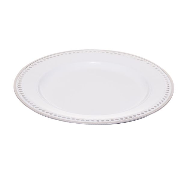 DEKORACIJA GLOSSTYLE KROŽNIK SREBRNO BELI FI33 CM UMETNA MASA