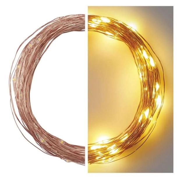 LED BOŽIČNA NANO VERIGA BAKRENA, 10 M, ZUNANJA IN NOTRANJA, TOPLA BELA, ČASOVNIK