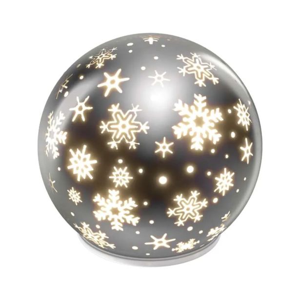 LED BOŽIČNA STEKLENA KROGLA ' SNEŽINKE, 12 CM, 3X AA, NOTRANJI, TOPLA BELA, ČASOVNIK