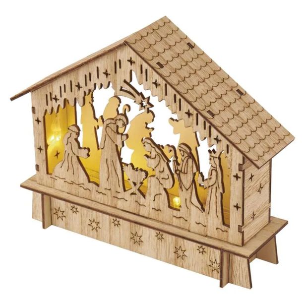LED BOŽIČNE JASLICE LESENE, 15 CM, 2X AA, NOTRANJE, TOPLA BELA, ČASOVNIK