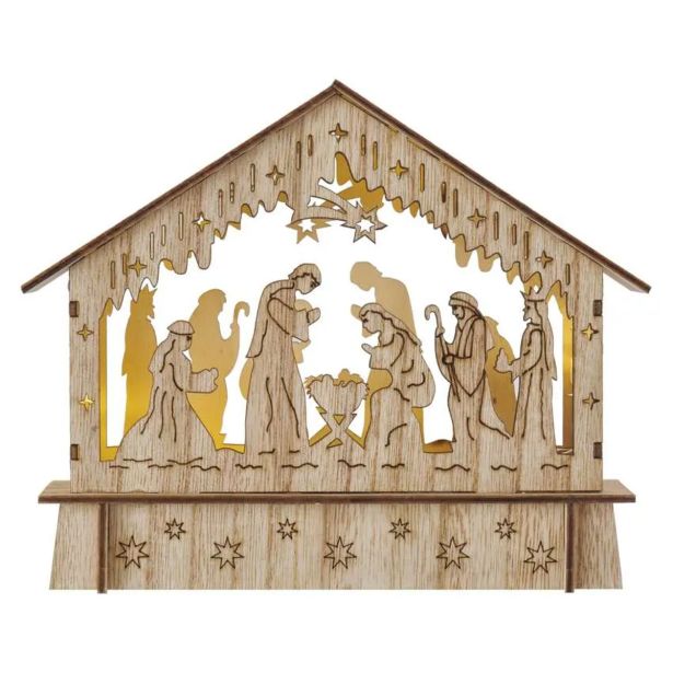 LED BOŽIČNE JASLICE LESENE, 15 CM, 2X AA, NOTRANJE, TOPLA BELA, ČASOVNIK
