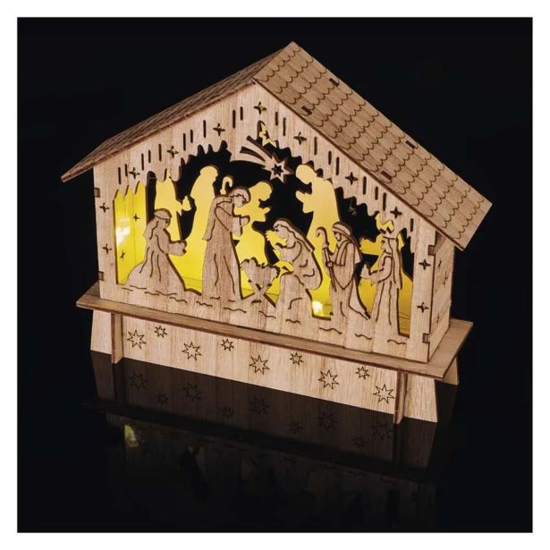 LED BOŽIČNE JASLICE LESENE, 15 CM, 2X AA, NOTRANJE, TOPLA BELA, ČASOVNIK