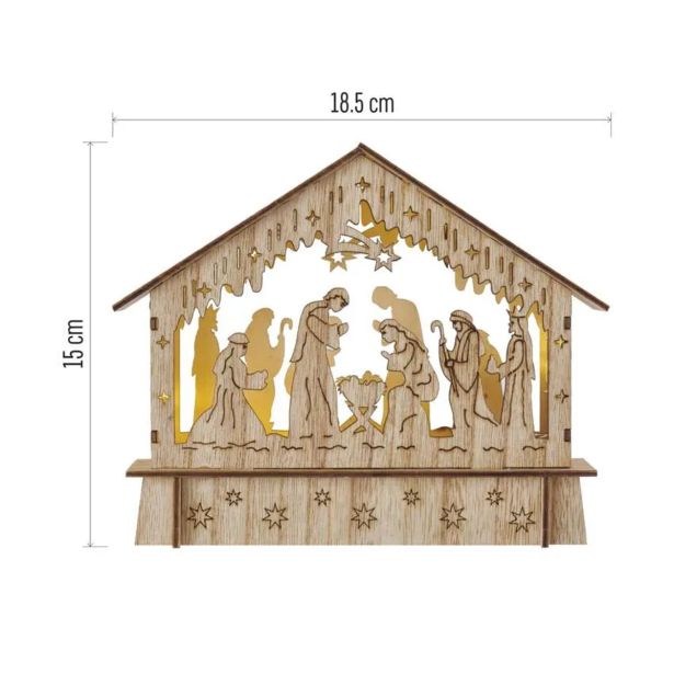 LED BOŽIČNE JASLICE LESENE, 15 CM, 2X AA, NOTRANJE, TOPLA BELA, ČASOVNIK