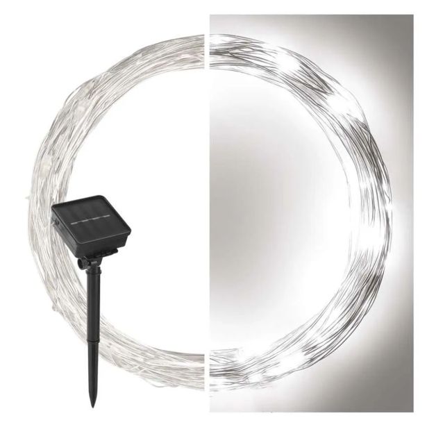 LED NANO VERIGA S SONČNIM KOLEKTORJEM, BAKRENA, 12 M, ZUNANJA IN NOTR, HLADNA BELA, ČASOV.