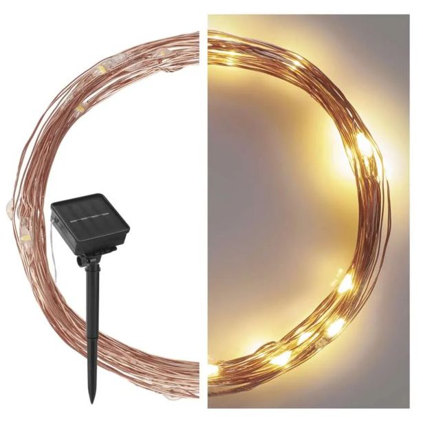 LED NANO VERIGA S SONČNIM KOLEKTORJEM, BAKRENA, 12 M, ZUNANJA IN NOTR., TOPLA BELA, ČASOV.