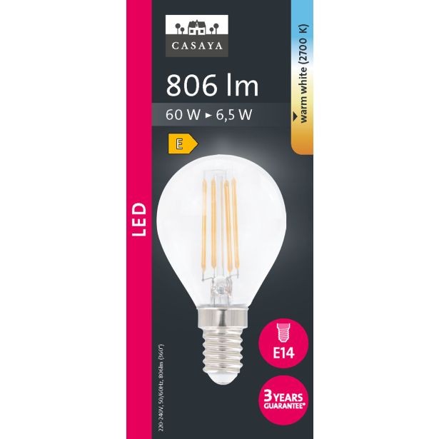 LED ŽARNICA E14 CASAYA KAPLJIČASTA P45 6.5W 806LM 2700K