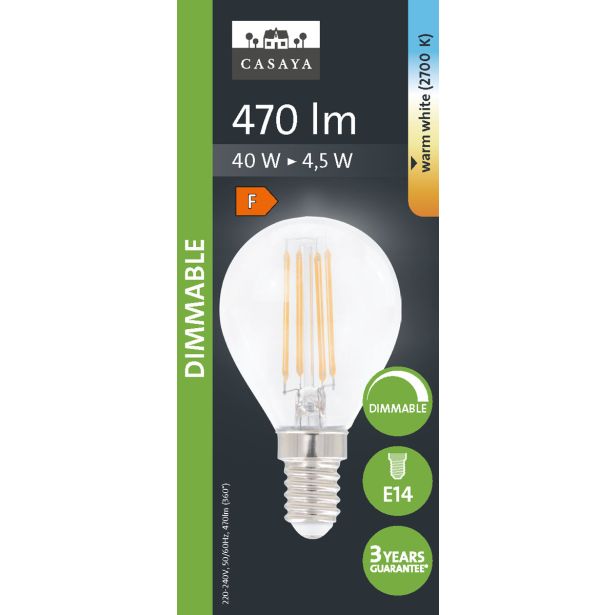 LED ŽARNICA E14 CASAYA ZATEMNILNA KAPLJ. P45 4.5W 470LM 2700K