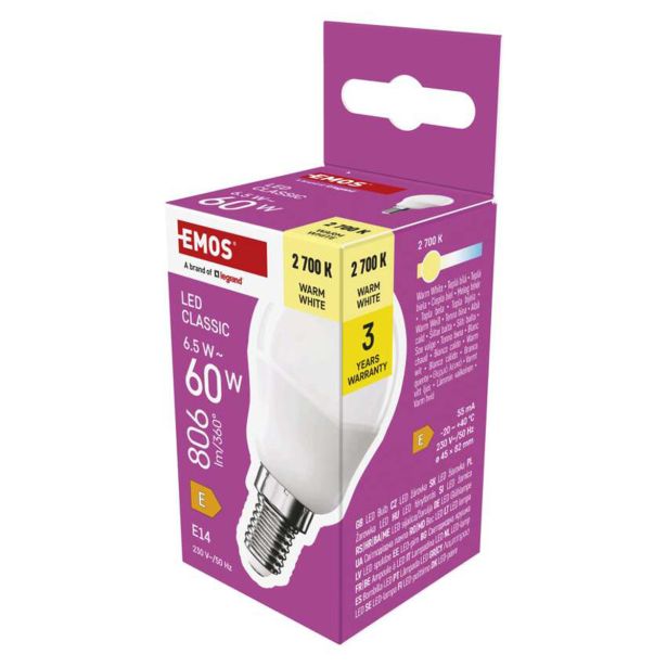 LED ŽARNICA E14 EMOS CLS MINI GLOBE 6.5W(60W) 806LM E14 WW