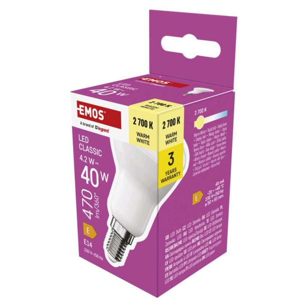 LED ŽARNICA E14 EMOS CLS R50 4.2W(40W) 470LM E14 WW