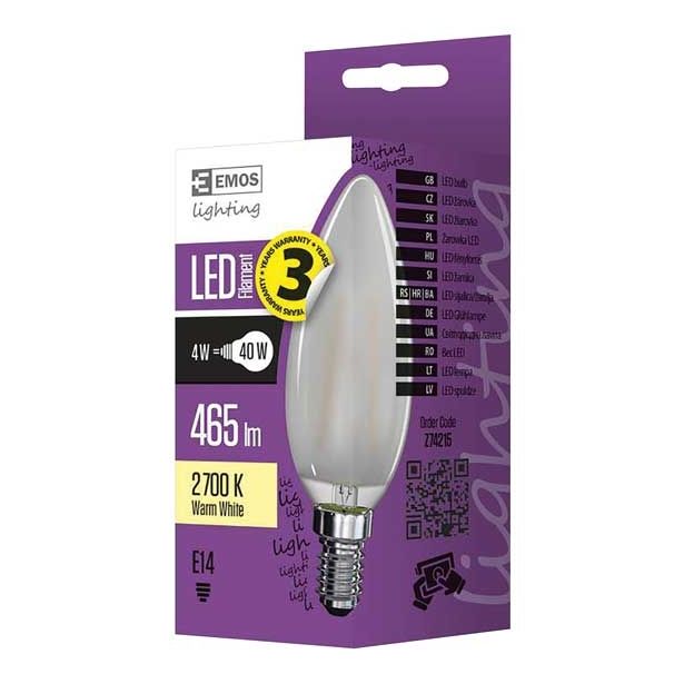LED ŽARNICA E14 EMOS FLM CANDLE 4W WW 230V FILAMENT SVEČKA MAT