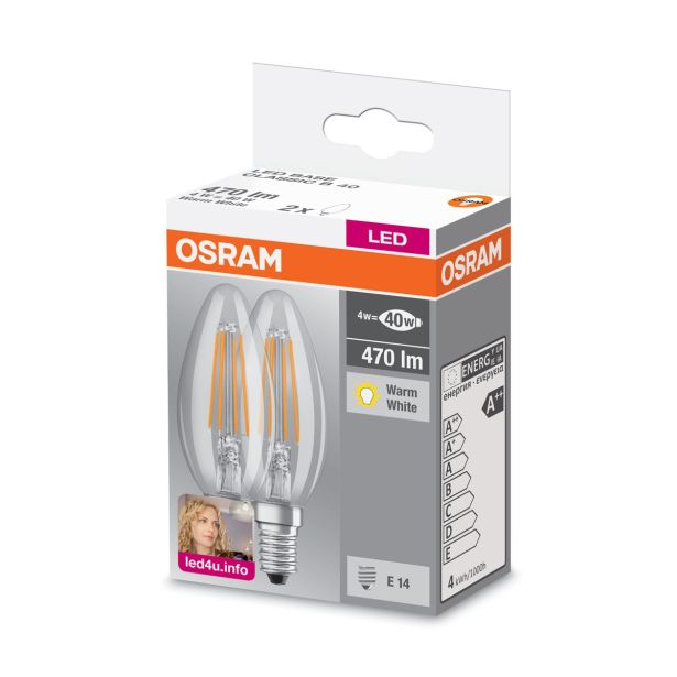 LED ŽARNICA E14 OSRAM BASE CLB40 4W/827 CL 220-240V FILAMENT PAK/2