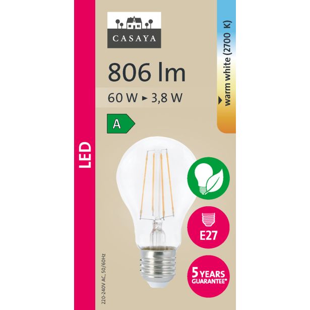 LED ŽARNICA E27 CASAYA KLASIČNA A60 3.8W 806LM 2700K