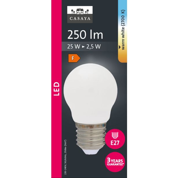 LED ŽARNICA E27 CASAYA MAT KAPLJIČASTA P45 2.5W 250LM 2700K